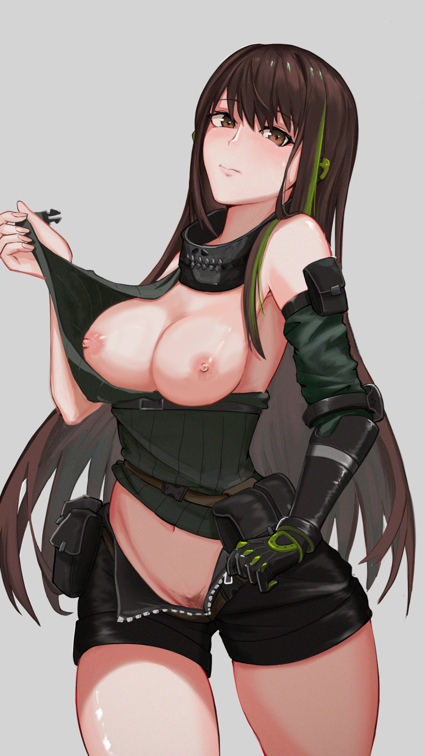1girl absurdres black_gloves black_shorts blush breasts brown_eyes brown_hair cleavage closed_mouth eyebrows_visible_through_hair feet_out_of_frame girls'_frontline gloves green_shirt grey_background highres long_hair looking_at_viewer m4a1_(girls'_frontline) medium_breasts mo_geng multicolored_hair navel nipples open_clothes open_shirt open_shorts shirt shorts single_glove solo standing
