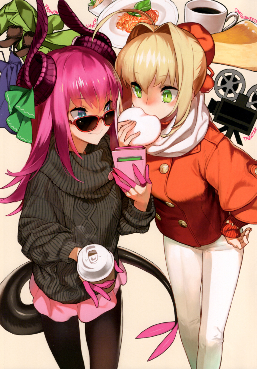 2girls absurdres ahoge artbook banned_artist black_legwear blonde_hair buttons camera cellphone coat coffee coffee_mug contemporary cup disposable_cup double-breasted eating elizabeth_bathory_(fate) elizabeth_bathory_(fate)_(all) fate/extra fate/extra_ccc fate/grand_order fate_(series) finger_cots food hair_intakes highres holding holding_phone mug multiple_girls nero_claudius_(fate) nero_claudius_(fate/extra) orange_coat pantyhose parsley-f pasta phone pink_hair scan smartphone spaghetti yellow_background