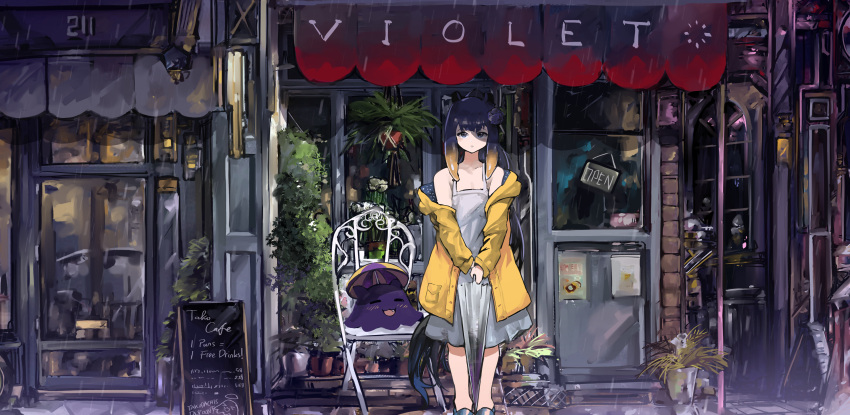 1girl :d absurdres blush chair closed_eyes dress fang highres hololive hololive_english long_hair long_sleeves looking_at_viewer menu_board ninomae_ina'nis off_shoulder open_mouth plant purple_eyes purple_hair rain sleeveless sleeveless_dress smile standing storefront tako_(ninomae_ina'nis) tentacle_hair transparent transparent_umbrella umbrella very_long_hair violet_(ninomae_ina'nis) virtual_youtuber vyragami white_dress yellow_raincoat