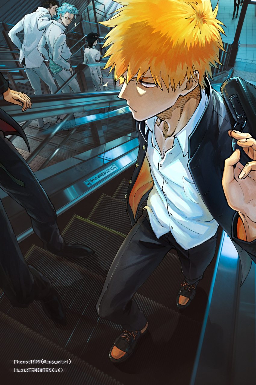 6+boys absurdres armband bangs black_footwear black_hair black_jacket black_pants bleach blue_eyes blue_hair briefcase character_request collarbone collared_shirt escalator facing_away facing_viewer green_shirt highres holding holding_briefcase jacket kurosaki_ichigo leaning_back long_sleeves looking_back looking_to_the_side male_cleavage medium_hair multiple_boys open_clothes open_jacket orange_hair out_of_frame over_shoulder pants partially_unbuttoned photo_background school_briefcase school_uniform shirt short_hair sign spiked_hair standing suitcase ten0u0 walking white_footwear white_jacket white_pants white_shirt