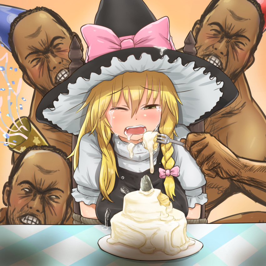 1girl 3boys bangs black_hair black_headwear black_vest blonde_hair bound bow braid breasts cae cake closed_eyes commentary_request cookie_(touhou) crying crying_with_eyes_open eyebrows_visible_through_hair feeding fish food fork grin hair_between_eyes hat hat_bow highres holding holding_fork kirisame_marisa long_hair looking_at_another medium_breasts multiple_boys one_eye_closed open_mouth otemoto_(baaaaloooo) party_hat party_popper pink_bow recitation_(cookie) rope shirt side_braid single_braid smile star_(symbol) tears touhou upper_body uzuki_(cookie) vest white_shirt witch_hat