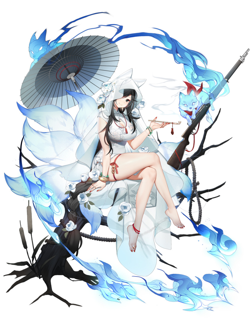 1girl animal_hood anklet bahao_diqiu bangs bare_legs bare_tree barefoot bead_necklace beads black_eyes black_hair bracelet braid braided_ponytail breasts china_dress chinese_clothes cleavage closed_mouth commentary_request crossed_legs dress fingernails floral_print flower fox fox_hood fox_tail full_body general_liu_(girls'_frontline) girls'_frontline gun highres holding holding_pipe hood hood_up jewelry large_breasts long_hair looking_at_viewer mole mole_under_eye multiple_rings multiple_tails nail_polish necklace official_alternate_costume official_art oil-paper_umbrella pipe print_dress red_nails red_ribbon ribbon rifle ring rope sitting smile solo spirit tail tassel thigh_ribbon toe_ring toenail_polish toenails tree umbrella veil very_long_hair weapon white_dress white_flower