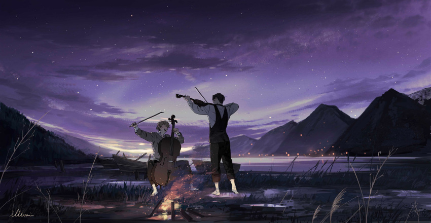 2boys absurdres artist_name bangs barefoot black_hair black_pants blonde_hair boat campfire closed_eyes cloud field fire grass guitar happy highres holding holding_instrument illumi999 instrument light looking_at_another mountain multiple_boys music night night_sky open_mouth original pale_skin pants playing playing_instrument shirt short_hair signature sitting sky smile standing star_(sky) starry_sky sweater violin water watercraft white_shirt white_sweater wood