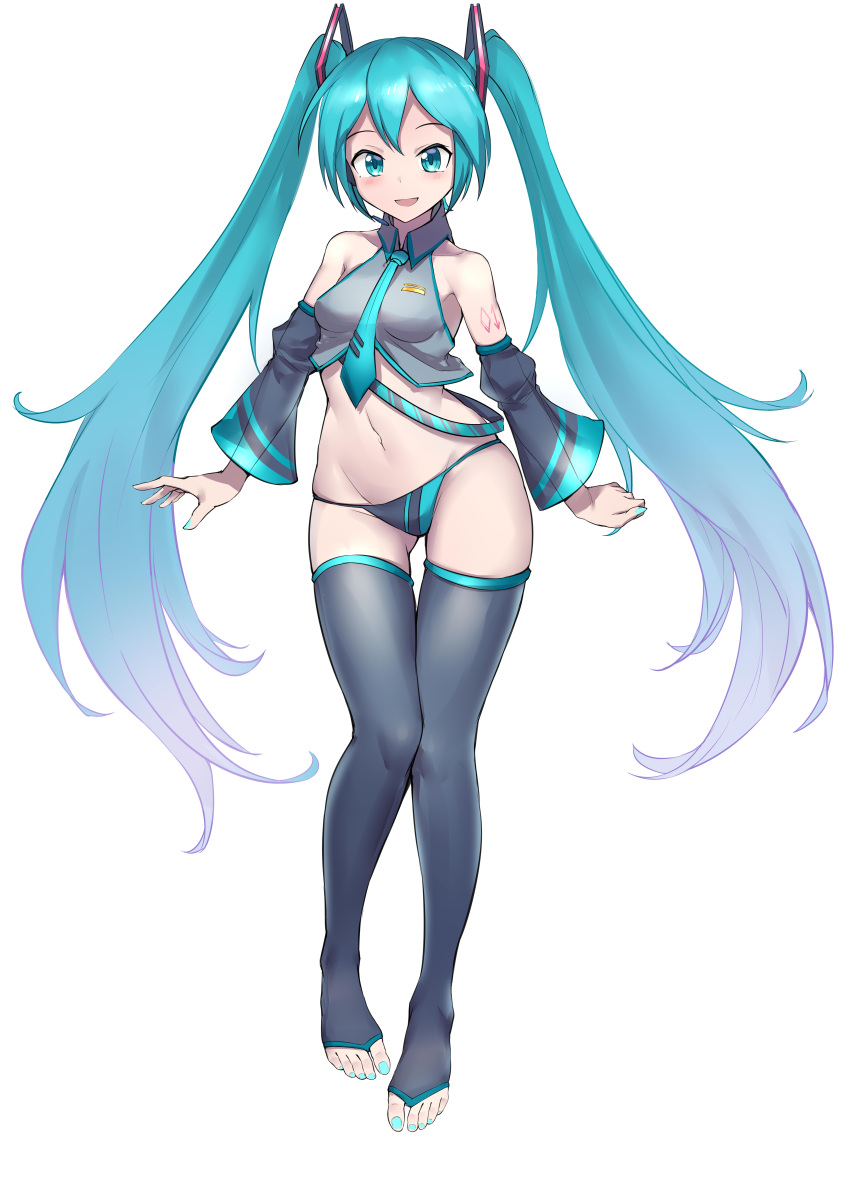 absurdres aomoro aqua_eyes aqua_hair aqua_neckwear black_sleeves detached_sleeves facing_viewer hatsune_miku highres long_hair looking_at_viewer midriff necktie panties smile standing thighhighs twintails underwear very_long_hair vocaloid white_background