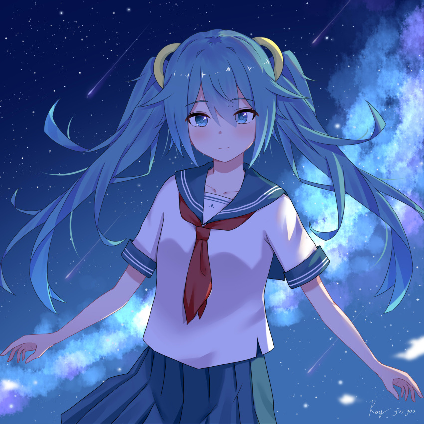 absurdres aqua_eyes aqua_hair bangs cloud comet facing_viewer hatsune_miku hatsune_miku_(vocaloid4)_(chinese) highres looking_at_viewer night night_sky outstretched_arms qgray school_uniform sky smile standing star_(sky) starry_sky twintails vocaloid