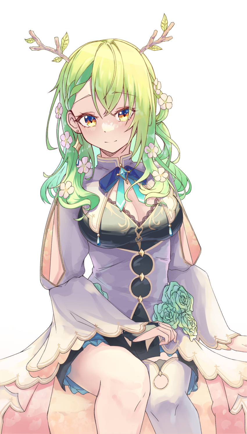 1girl absurdres bangs blush branch breasts ceres_fauna colored_inner_hair eyebrows_visible_through_hair flower green_flower green_hair green_rose hair_flower hair_ornament highres hololive hololive_english large_breasts looking_at_viewer md5_mismatch multicolored multicolored_eyes multicolored_hair rose shironekokfp sitting solo two-tone_hair virtual_youtuber