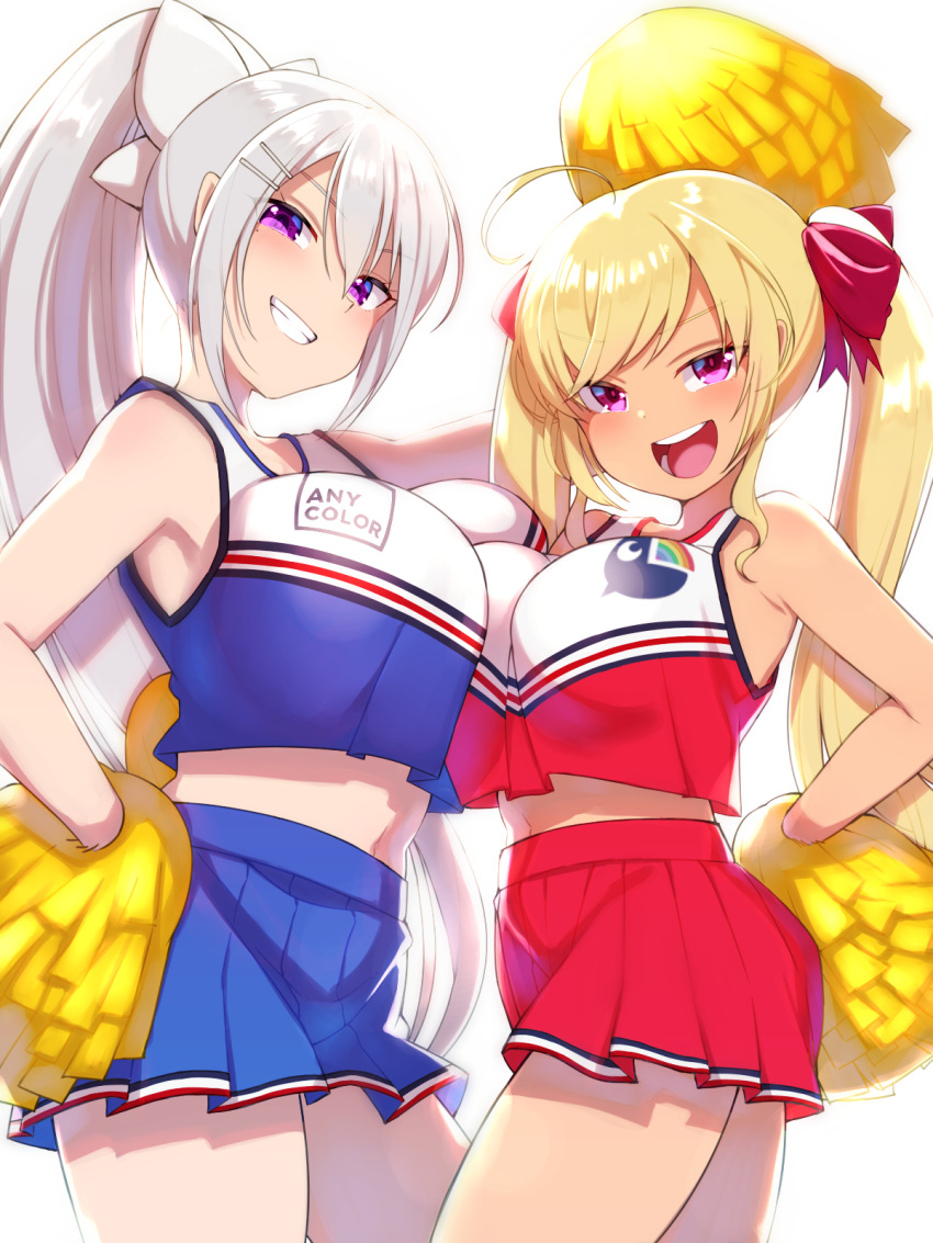 2girls :d ahoge asymmetrical_docking blonde_hair blue_skirt breast_press breasts cheerleader clenched_teeth commentary_request hair_between_eyes hair_ornament hair_ribbon hairclip hand_on_hip highres higuchi_kaede konboi-eg large_breasts long_hair looking_at_viewer midriff multiple_girls navel nijisanji open_mouth pink_eyes pleated_skirt pom_pom_(cheerleading) ponytail purple_eyes red_ribbon red_skirt ribbon simple_background skirt smile takamiya_rion teeth twintails virtual_youtuber white_background white_hair