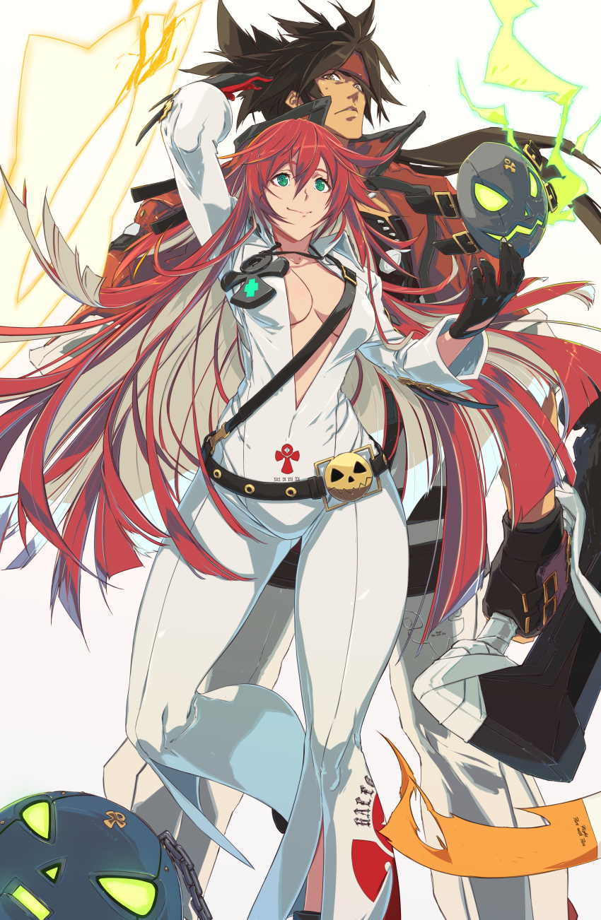 1boy 1girl absurdres ankh ankh_necklace aria_(guilty_gear) ball_and_chain_restraint bangs belt bodysuit breasts broken_halo brown_eyes brown_hair closed_mouth commentary_request gloves green_eyes guilty_gear guilty_gear_strive halo highres holding jack-o'_valentine jewelry king_rooper lips long_hair long_sleeves mask medium_breasts multicolored_hair necklace red_hair shiny shiny_clothes shiny_skin short_hair simple_background skin_tight smile sol_badguy two-tone_hair weapon white_bodysuit white_hair