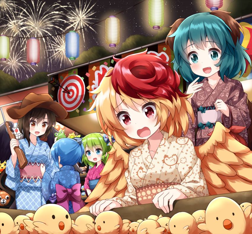 4girls animal_ears animal_print bangs belt bird bird_print blonde_hair blue_belt blue_bow blue_dress blue_eyes blue_kimono blue_sleeves bow box breasts brown_dress brown_eyes brown_hair brown_headwear brown_kimono brown_sleeves cat chick cirno cowboy_hat daiyousei dog_ears dog_print dog_tail dress eyebrows_visible_through_hair festival fireworks green_eyes green_hair gun hair_between_eyes hair_bow hands_up hat highres japanese_clothes kasodani_kyouko kimono kurokoma_saki long_hair long_sleeves looking_at_another looking_to_the_side mask medium_breasts multicolored multicolored_bow multicolored_hair multiple_girls night night_sky niwatari_kutaka one_side_up open_mouth orange_belt paw_print pink_belt pink_bow pink_dress pink_kimono pink_sleeves ponytail red_eyes red_hair ruu_(tksymkw) short_hair short_ponytail sky smile star_(sky) starry_sky striped striped_bow tail touhou tree weapon white_belt white_bow wide_sleeves wings yellow_bow yellow_dress yellow_kimono yellow_sleeves