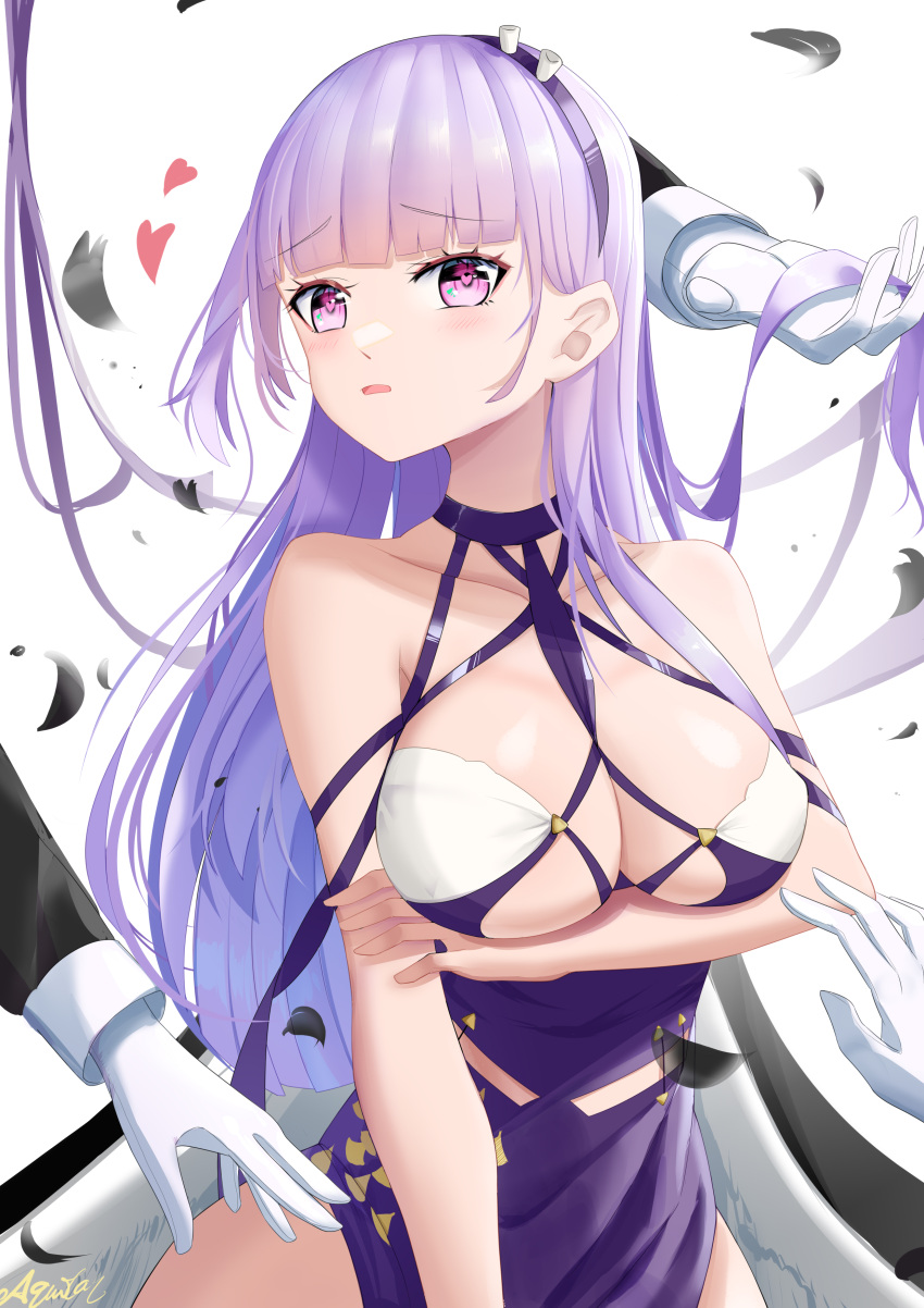 1girl absurdres aquilar azur_lane breasts center_opening cleavage criss-cross_halter dido_(anxious_bisque_doll)_(azur_lane) dido_(azur_lane) disembodied_limb dress dress_straps hairband halter_dress halterneck hand_in_another's_hair heart highres large_breasts long_dress long_hair multiple_hands official_alternate_costume pelvic_curtain purple_dress purple_eyes purple_hair purple_hairband purple_headband simple_background solo upper_body very_long_hair white_background