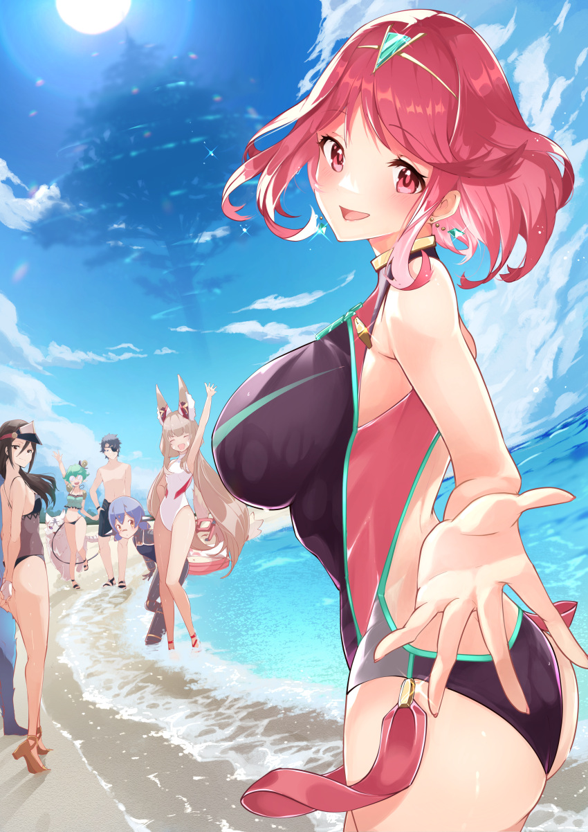 animal_ears ass bandaid eyepatch heels hikari_(xenoblade_2) homura_(xenoblade_2) pointy_ears risumi_(taka-fallcherryblossom) swimsuits tail wet xenoblade xenoblade_chronicles_2