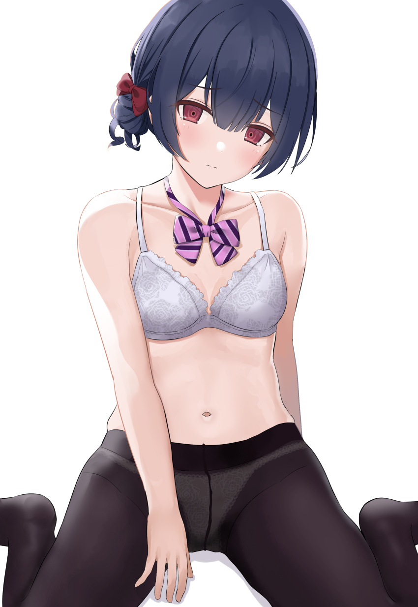 1girl absurdres arm_behind_back bangs bare_arms bare_shoulders black_legwear blue_hair blush bow bowtie bra breasts cleavage closed_mouth collarbone commentary crotch_seam eyebrows_visible_through_hair feet_out_of_frame frown hair_bow hair_bun highres idolmaster idolmaster_shiny_colors mm_(pomeme4) morino_rinze navel no_shoes panties panties_under_pantyhose pantyhose pink_bow pink_neckwear red_bow red_eyes short_hair side_bun simple_background sitting small_breasts solo stomach striped striped_bow striped_neckwear underwear wariza white_background white_bra white_panties