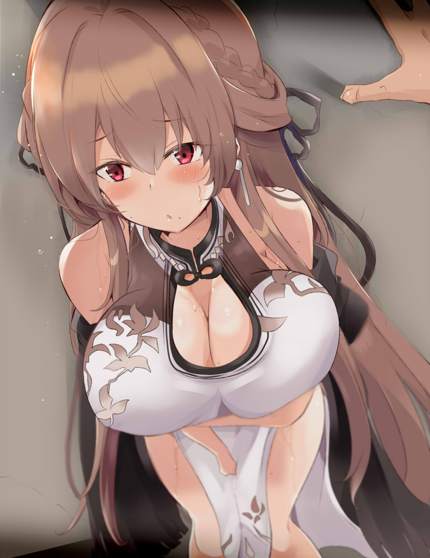 1girl absurdres azur_lane bare_shoulders black_ribbon blush braid breasts brown_hair china_dress chinese_clothes cleavage commentary_request dress eyebrows_visible_through_hair french_braid hair_ribbon highres large_breasts long_hair mole mole_under_mouth red_eyes ribbon sleeveless sleeveless_dress sweat swiftsure_(azur_lane) swiftsure_(pearlescent_beauty)_(azur_lane) tonchinkan wall_slam