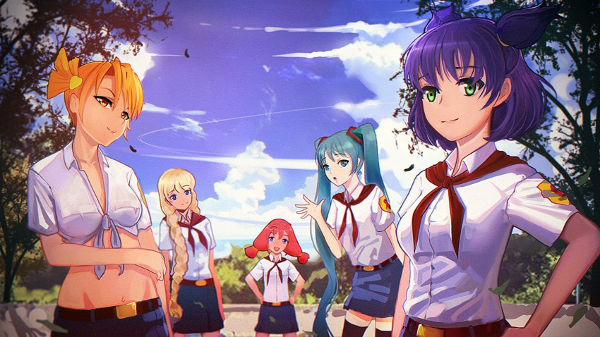 5girls :d :o aqua_eyes aqua_hair artist_request bangs belt belt_buckle black_legwear blonde_hair blue_eyes blue_hair blue_skirt blue_sky braid breasts brown_belt brown_eyes buckle closed_mouth cloud cloudy_sky collarbone collared_shirt cowboy_shot day dvach-tan emblem everlasting_summer eyebrows_visible_through_hair green_eyes hair_between_eyes hair_ornament hair_over_shoulder hands_on_hips hatsune_miku highres lips long_hair looking_at_viewer medium_breasts medium_hair multiple_girls navel neckerchief official_art open_mouth orange_hair outdoors parted_lips pioneer_neckerchief purple_hair red_hair red_neckwear shirt short_hair short_twintails skirt sky slavya-chan smile soviet_pioneer standing stomach thighhighs tree twin_braids twintails unyl-chan upper_body ussr-tan very_long_hair vocaloid waving_arm white_shirt zettai_ryouiki