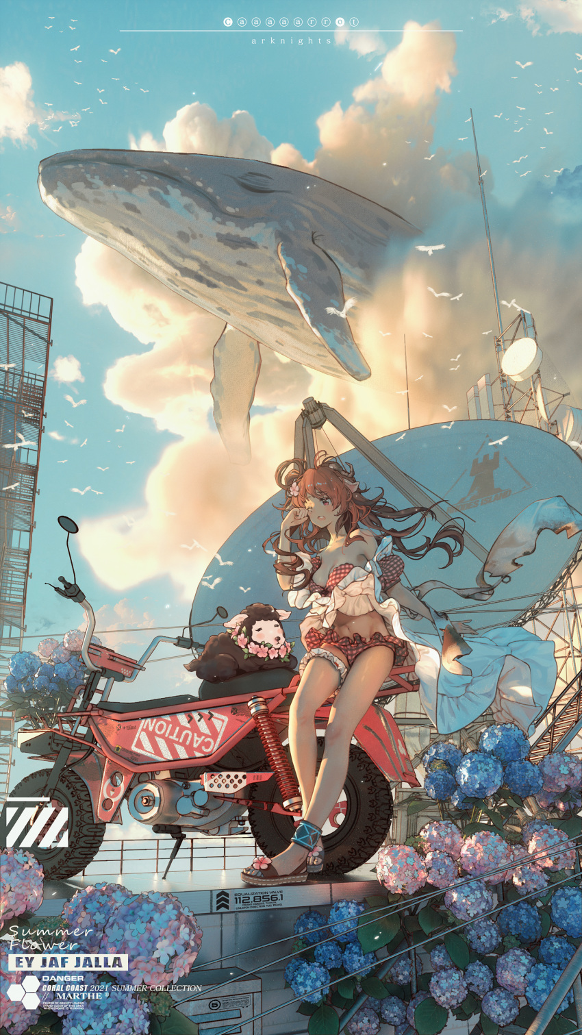 1girl absurdres animal animal_ears ankleband arknights bikini blue_sky breasts brown_eyes brown_footwear caaaaarrot character_name cleavage cloud cloudy_sky copyright_name eyjafjalla_(arknights) eyjafjalla_(summer_flowers)_(arknights) flower full_body ground_vehicle highres horns large_breasts motor_vehicle motorcycle navel official_alternate_costume one_eye_closed open_mouth outdoors pink_bikini radio_tower rhodes_island_logo rubbing_eyes sandals sarong satellite_dish sheep sheep_ears sheep_girl sheep_horns sky solo standing swimsuit whale white_sarong wind