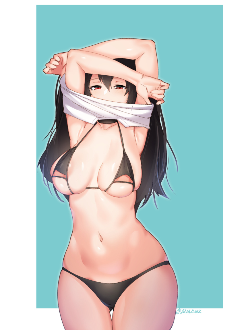 1girl aqua_background bikini black_bikini black_hair breasts highres looking_at_viewer medium_breasts navel original red_eyes simple_background solo swimsuit thighs tilt-shift twitter_username two-tone_background undressing white_background