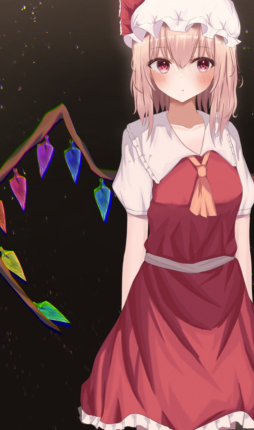 1girl :&lt; absurdres aohane ascot bangs blurry blurry_background blush bow breasts brown_background chromatic_aberration closed_mouth crystal depth_of_field expressionless eyebrows_visible_through_hair feet_out_of_frame flandre_scarlet frilled_shirt_collar frills hair_between_eyes hat hat_bow highres light_particles looking_to_the_side medium_breasts medium_hair mob_cap orange_neckwear petticoat pink_eyes puffy_short_sleeves puffy_sleeves red_bow red_skirt red_vest revision short_sleeves simple_background skirt solo standing touhou vest white_headwear wings