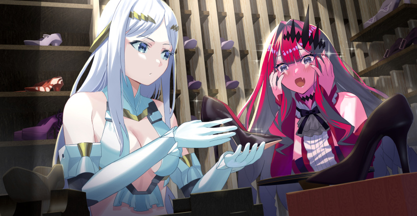 2girls bangs bare_shoulders beppu_mitsunaka bikini blue_eyes blush breasts center_frills cleavage detached_collar detached_sleeves dress earrings elbow_gloves fairy_knight_tristan_(fate) fang fate/grand_order fate_(series) frills galatea_(fate) gloves grey_eyes halter_top halterneck high_heels highres jewelry joints long_hair looking_to_the_side medium_breasts multiple_girls open_mouth pale_skin parted_bangs pink_hair pointy_ears red_dress robot_joints shelf sidelocks sparkle swimsuit tiara white_bikini white_gloves white_hair