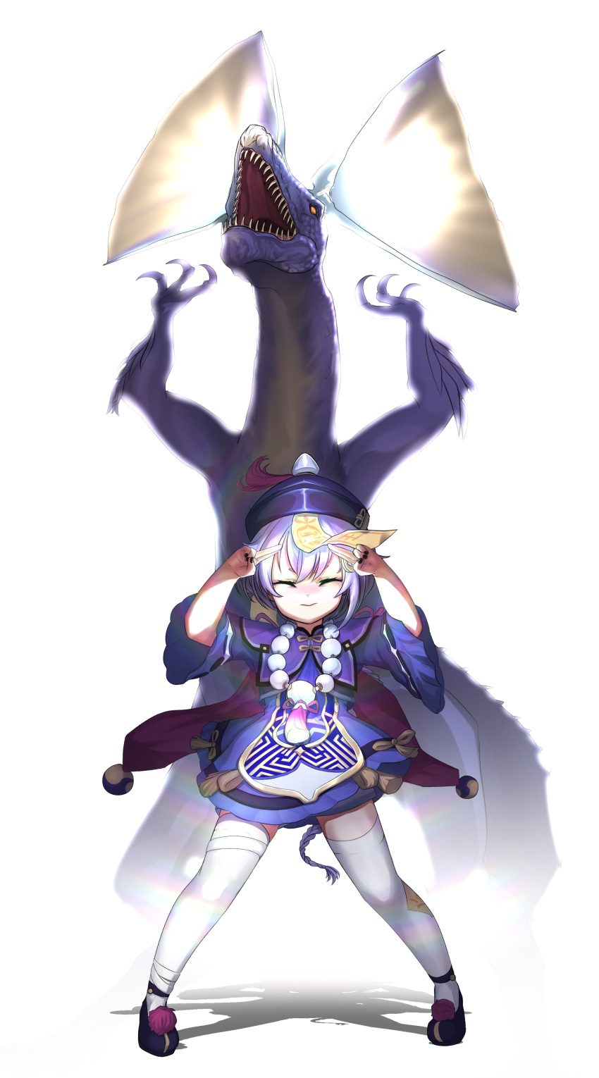 1girl absurdres bandaged_leg bandages bangs bead_necklace beads braid cape closed_eyes closed_mouth coin_hair_ornament commentary_request crossover dragon eyebrows_visible_through_hair finger_to_head fingers_to_head full_body genshin_impact hair_between_eyes hat highres jewelry jiangshi long_hair long_sleeves low_ponytail monster_hunter_(series) necklace ofuda orb parody purple_hair qing_guanmao qiqi_(genshin_impact) shoes sidelocks simple_background single_braid spread_legs standing stpen taiyouken thighhighs tzitzi-ya-ku white_background white_legwear yin_yang yin_yang_orb zettai_ryouiki
