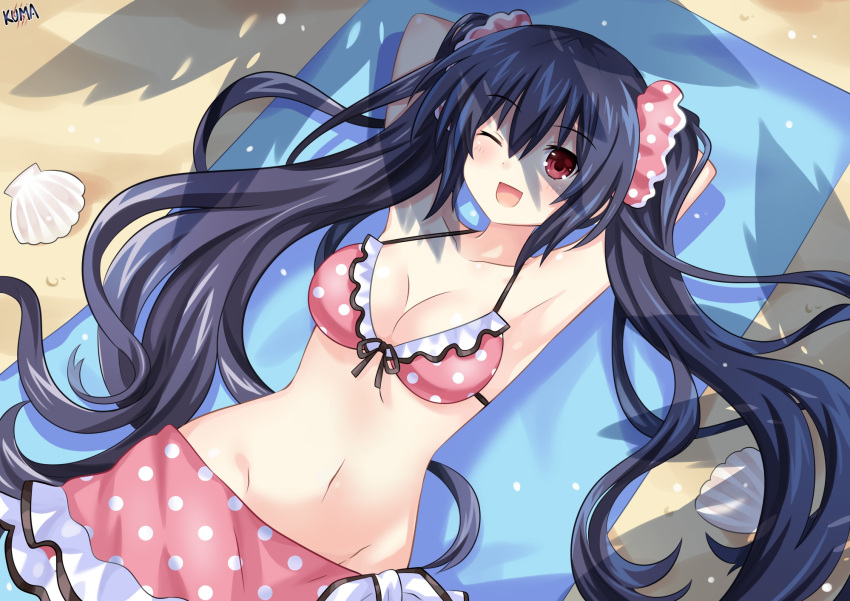 1girl arms_behind_head bangs beach bikini bikini_skirt black_hair blush breasts collarbone day english_commentary eyebrows_visible_through_hair frilled_bikini frills hair_between_eyes hair_ornament hair_scrunchie highres lewdkuma long_hair looking_at_viewer lying medium_breasts navel neptune_(series) noire on_back one_eye_closed open_mouth outdoors pink_bikini polka_dot polka_dot_bikini red_eyes scrunchie shadow shell sidelocks signature smile solo swimsuit twintails