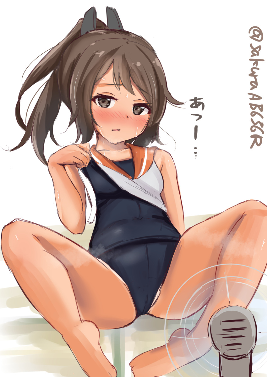 1girl absurdres black_swimsuit brown_eyes brown_hair clothes_lift commentary_request cowboy_shot electric_fan hair_ornament highres i-401_(kancolle) kantai_collection lifted_by_self long_hair looking_at_viewer one-hour_drawing_challenge orange_sailor_collar ponytail sailor_collar sakura_ab school_swimsuit shirt shirt_lift side-tie_shirt simple_background sitting sleeveless sleeveless_shirt solo swimsuit swimsuit_under_clothes twitter_username white_background