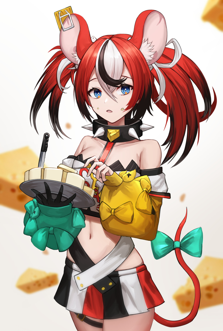1girl absurdres animal_ears asymmetrical_hair bare_shoulders black_hair blue_eyes cheese collar collarbone detached_sleeves dice_hair_ornament food hair_ornament hakos_baelz highres hololive hololive_english knife long_hair mea_(hwaksal) midriff miniskirt mouse_ears mouse_girl mouse_tail multicolored_hair navel red_hair skirt solo spiked_collar spikes strapless tail tubetop twintails virtual_youtuber white_background white_hair