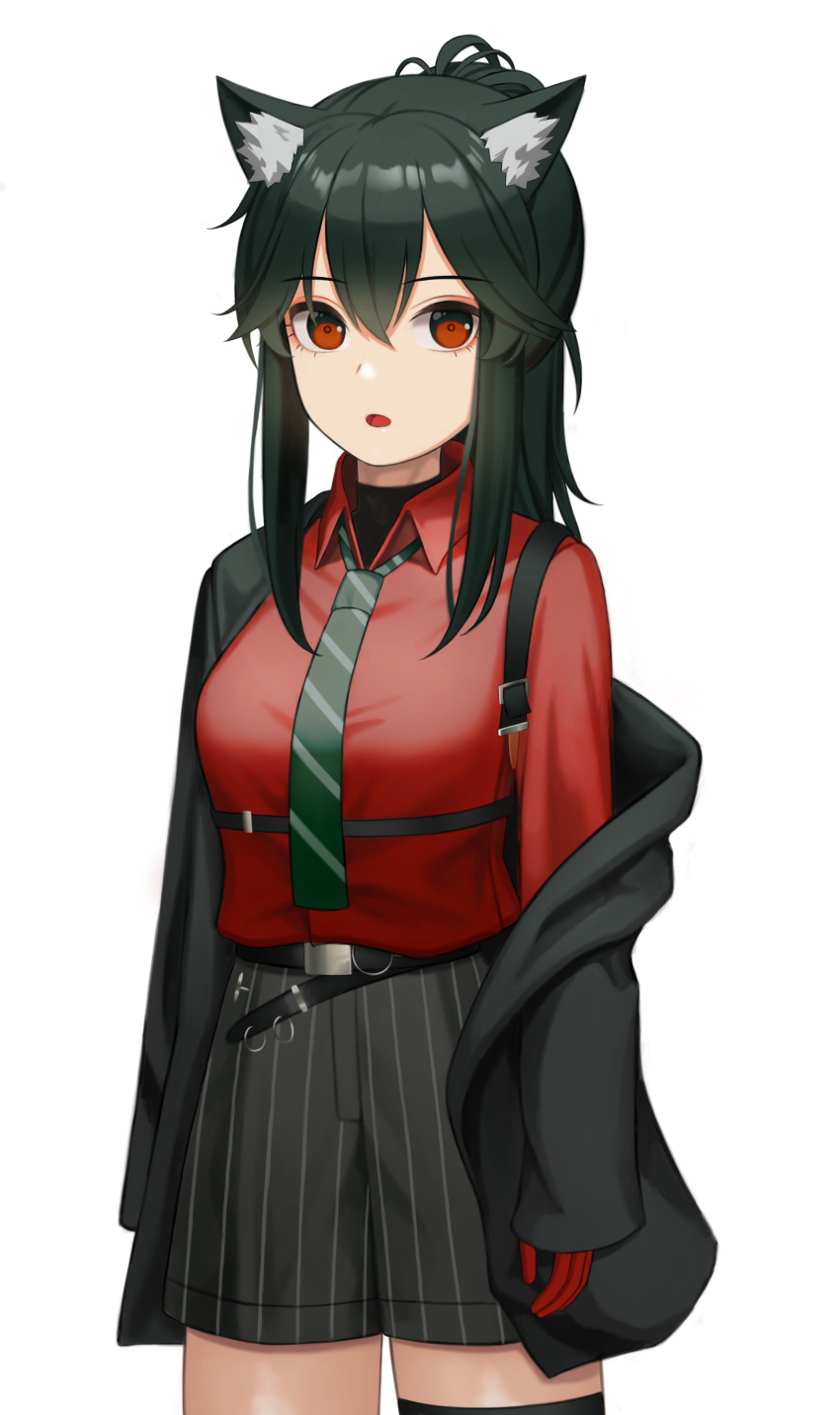 1girl absurdres animal_ear_fluff animal_ears arknights belt black_belt black_hair black_neckwear collared_shirt eyebrows_visible_through_hair gloves hair_between_eyes highres long_hair long_sleeves looking_at_viewer medium_hair merrick necktie red_eyes red_gloves red_shirt shirt shorts simple_background solo striped striped_neckwear texas_(arknights) thighs vertical-striped_shorts vertical_stripes white_background white_shorts wolf_ears wolf_girl