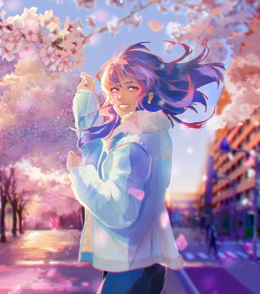 1girl absurdres ahoge arm_up bangs blue_eyes blue_hair blue_jacket blurry blurry_background blush building cherry_blossoms city commentary commission denim evening everlasting_summer flower from_side fur_trim highres huge_filesize jacket jeans long_hair long_sleeves looking_at_viewer pants parted_lips petals road samantha_reed_smith smile solo_focus standing street tree upper_body wind wskiey
