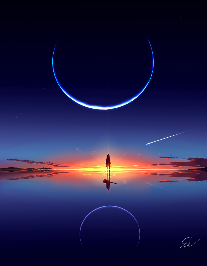 1girl cloud comet crescent_moon gradient highres lens_flare moon original reflection scenery signature sky solo standing star_(sky) sunset water water_world zahidmeh
