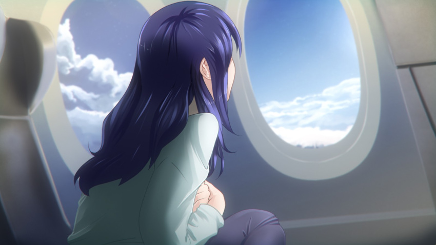 1girl aircraft airplane airplane_interior artist_request bangs blue_sky cloud cloudy_sky dark_blue_hair day everlasting_summer from_side game_cg grey_shirt highres long_hair long_sleeves samantha_reed_smith shirt sitting sky solo upper_body window