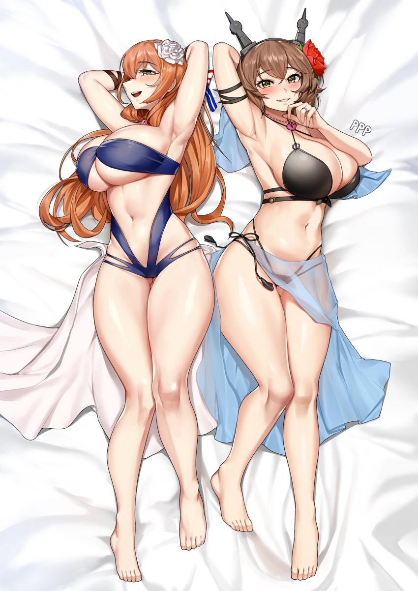 2girls armpits ass_visible_through_thighs barefoot bikini black_bikini blue_bikini blush breasts brown_hair cleavage collarbone crossover flower girls'_frontline green_eyes hair_flower hair_ornament headgear heart_lock_(kantai_collection) highres huge_breasts jai_(whany1998) jewelry kantai_collection long_hair looking_at_viewer multiple_girls mutsu_(kancolle) navel on_bed open_mouth ring sarong second-party_source short_hair springfield_(girls'_frontline) swimsuit toes wedding_band