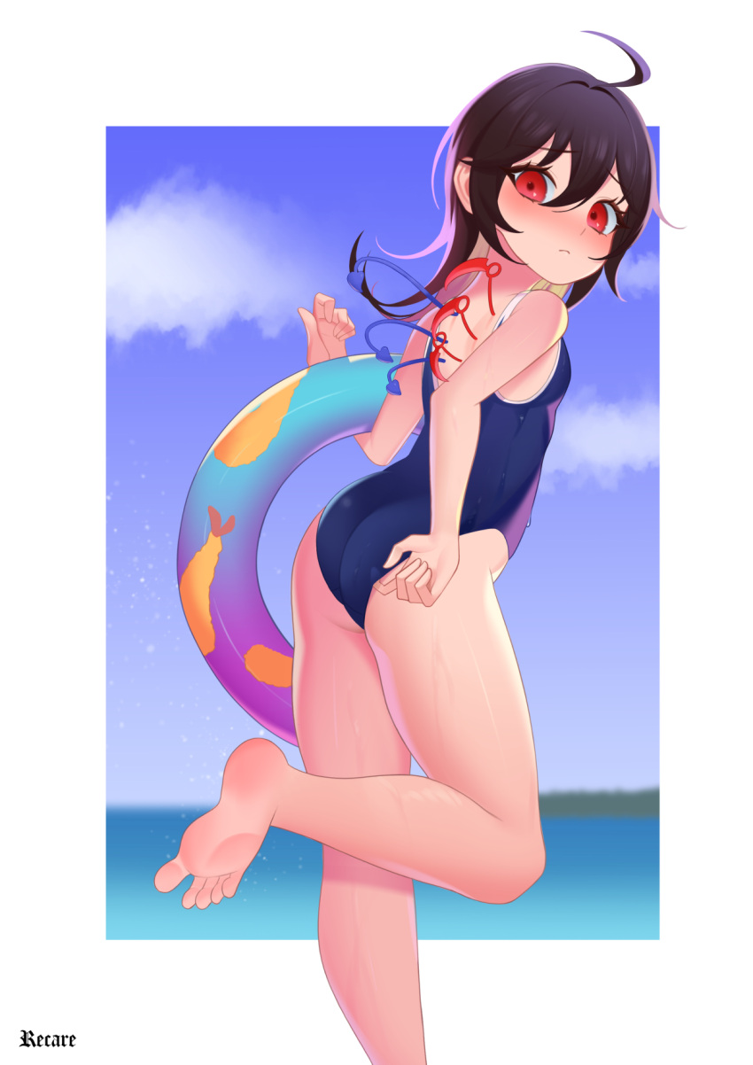 1girl adjusting_clothes adjusting_swimsuit ahoge alternate_costume ass asymmetrical_wings bangs barefoot black_hair blue_sky blue_swimsuit blue_wings blurry blurry_background blush border breasts closed_mouth cloud commission feet food food_print foot_out_of_frame hair_between_eyes highres houjuu_nue innertube leg_up long_hair looking_at_viewer looking_back mini_wings ocean one-piece_swimsuit outside_border recare red_eyes red_wings signature sky small_breasts soles solo swimsuit tempura touhou water white_border wings