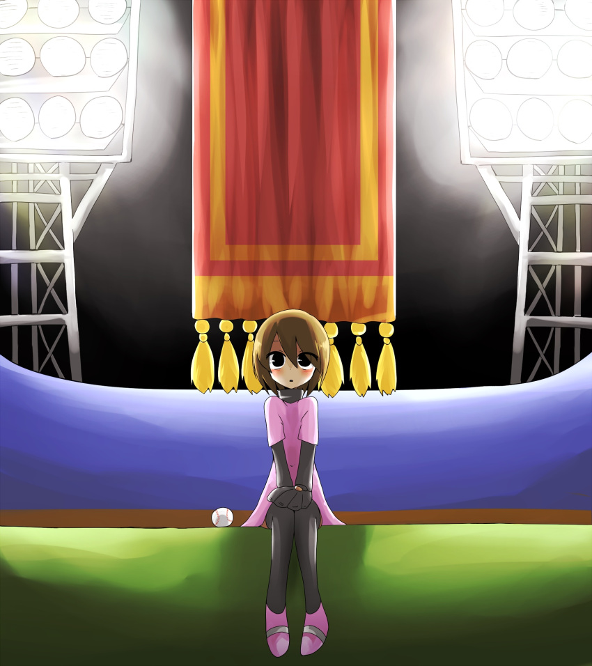 1girl bangs banner baseball baseball_mitt black_eyes black_legwear black_undershirt blush brown_hair commentary dress hair_between_eyes hands_on_lap highres jiima_tarou layered_clothing long_sleeves looking_ahead looking_at_viewer minna_no_rhythm_tengoku night parted_lips pink_dress pink_footwear pitcher_(rhythm_tengoku) rhythm_tengoku shirt shoes short_hair short_sleeves sitting solo stadium_lights thighhighs turtleneck undershirt upturned_eyes v_arms