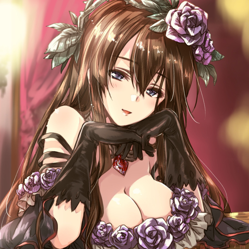 1girl bangs black_dress black_gloves blue_eyes blurry blurry_background breasts brooch brown_hair cleavage commentary depth_of_field dress flower gloves granblue_fantasy head_tilt head_wreath highres interlocked_fingers jewelry kuroi_mimei large_breasts long_hair looking_at_viewer open_mouth own_hands_together purple_flower purple_rose rose rosetta_(granblue_fantasy) smile solo textless