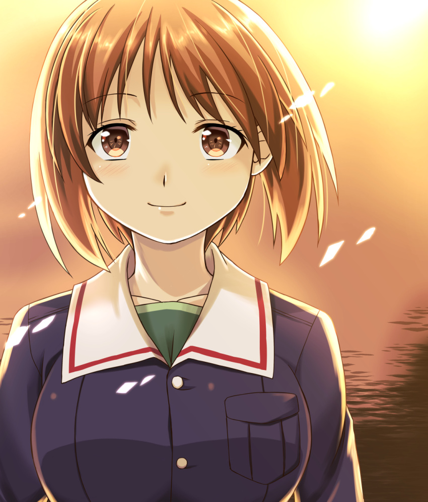 1girl bangs beni_(bluebluesky) blue_jacket brown_eyes brown_hair closed_mouth commentary eyebrows_visible_through_hair girls_und_panzer green_shirt highres jacket long_sleeves looking_at_viewer military military_uniform nishizumi_miho ocean ooarai_military_uniform orange_sky petals shirt short_hair sky smile solo sunset uniform