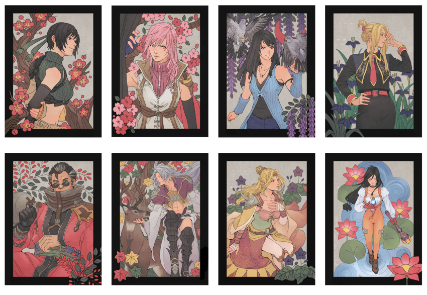 2boys 6+girls auron black_hair blonde_hair branch crimson_sun deer final_fantasy final_fantasy_iv final_fantasy_ix final_fantasy_vii final_fantasy_viii final_fantasy_xiii flower garnet_til_alexandros_xvii glasses gourd hanafuda highres kuja lightning_farron multiple_boys multiple_girls necktie pink_hair quistis_trepe rinoa_heartilly rosa_farrell seed_uniform_(ff8) shrug_(clothing) silver_hair staff sunglasses tree yuffie_kisaragi