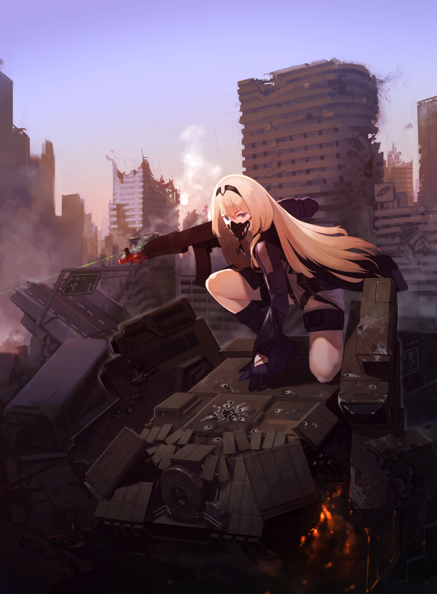1girl absurdres an-94 an-94_(girls'_frontline) assault_rifle blonde_hair blue_sky boots building covered_mouth day fighting_stance girls'_frontline gloves gun hair_between_eyes hairband highres holding holding_gun holding_weapon huqu laser_sight long_hair long_sleeves looking_at_viewer mask mouth_mask one_knee outdoors purple_eyes purple_footwear purple_gloves respirator rifle robot ruins short_shorts shorts sky skyscraper smoke smoking_gun solo weapon