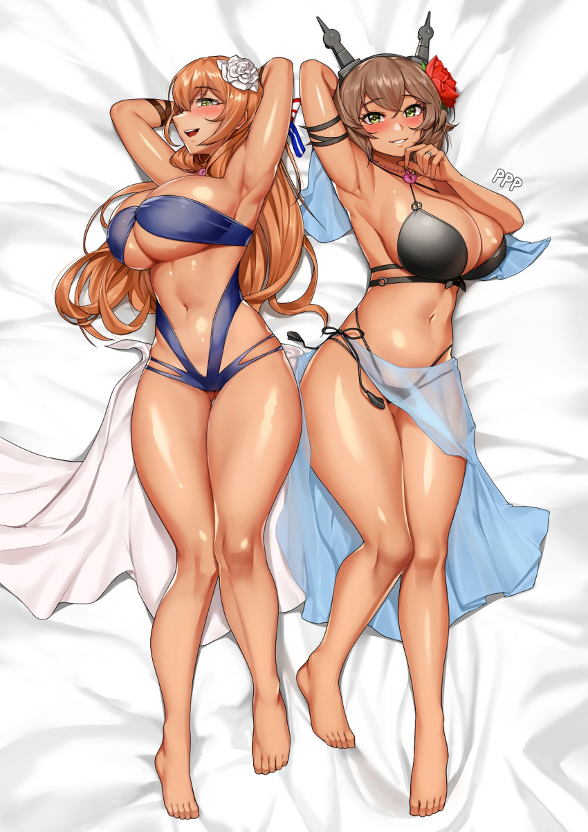 2girls armpits ass_visible_through_thighs bikini black_bikini blue_bikini blush breasts brown_hair cleavage collarbone crossover flower girls'_frontline green_eyes hair_flower hair_ornament headgear heart_lock_(kantai_collection) highres huge_breasts jai_(whany1998) jewelry kantai_collection long_hair looking_at_viewer multiple_girls mutsu_(kancolle) navel on_bed open_mouth ring sarong second-party_source short_hair springfield_(girls'_frontline) swimsuit tan wedding_band