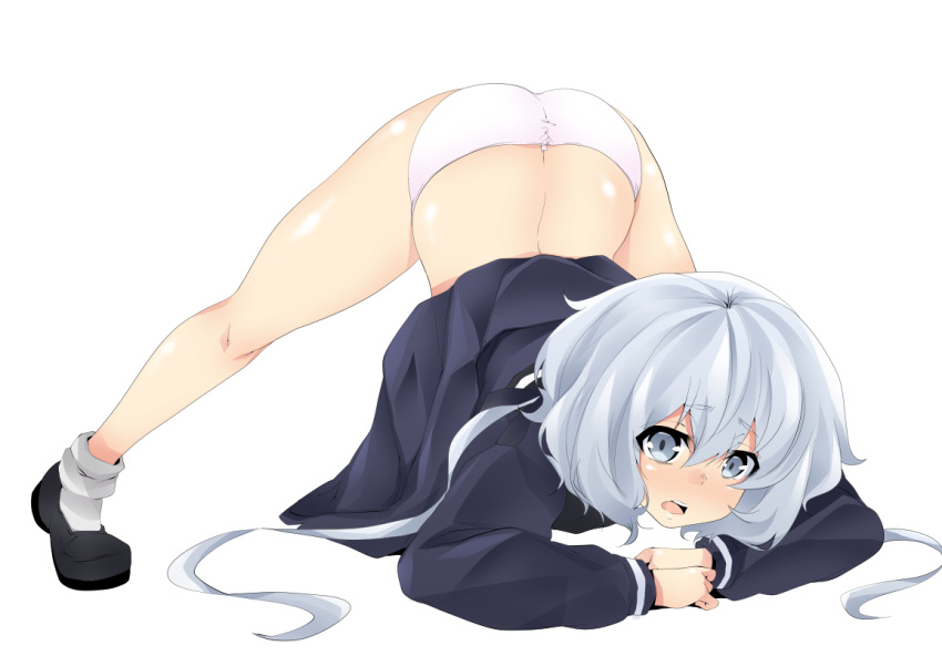 1girl arm_rest ass bangs black_footwear black_sailor_collar blue_eyes bobby_socks dress eyebrows_visible_through_hair flexible full_body hair_between_eyes hands_on_ground jack-o'_challenge konno_junko loafers looking_at_viewer low_twintails ma-yu meme open_mouth panties pose sailor_collar sailor_dress shiny shiny_skin shoes short_hair simple_background socks solo spread_legs stretch top-down_bottom-up twintails underwear uniform white_background white_hair white_panties wide_spread_legs zombie_land_saga