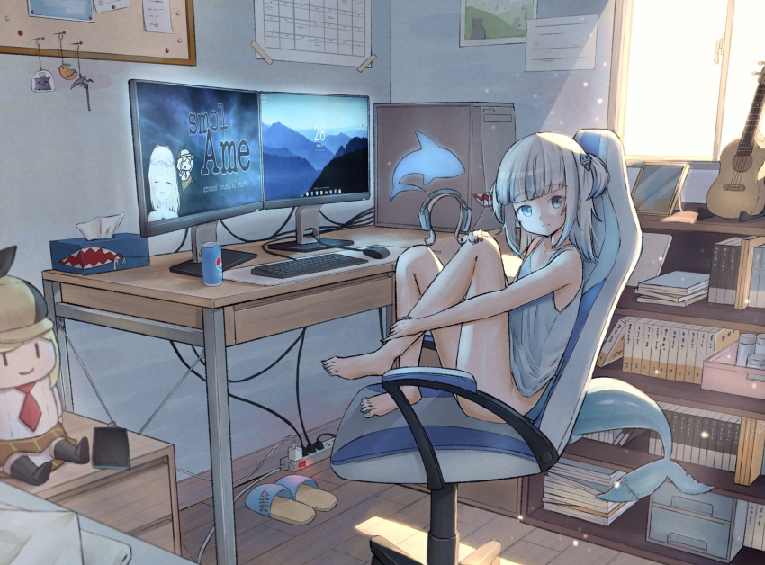 bangs barefoot blue_eyes blue_nails blue_tank_top book bookshelf bottomless bulletin_board cable calendar_(object) can cellphone chair charging_device computer desk electric_plug electric_socket eyebrows_visible_through_hair fish_tail flip-flops gaming_chair gawr_gura hair_ornament headphones highres hololive hololive_english instrument keyboard_(computer) kotori_(takanashi_kiara) looking_at_viewer medium_hair monitor mouse_(computer) nail_polish on_chair pepsi phone picture_frame power_strip ray_peng sandals scythe shark_girl shark_hair_ornament shark_print shark_tail sitting smartphone smol_ame soda_can solo stuffed_toy tail tako_(ninomae_ina'nis) tank_top tissue_box toenail_polish toenails two_side_up ukulele watson_amelia white_hair