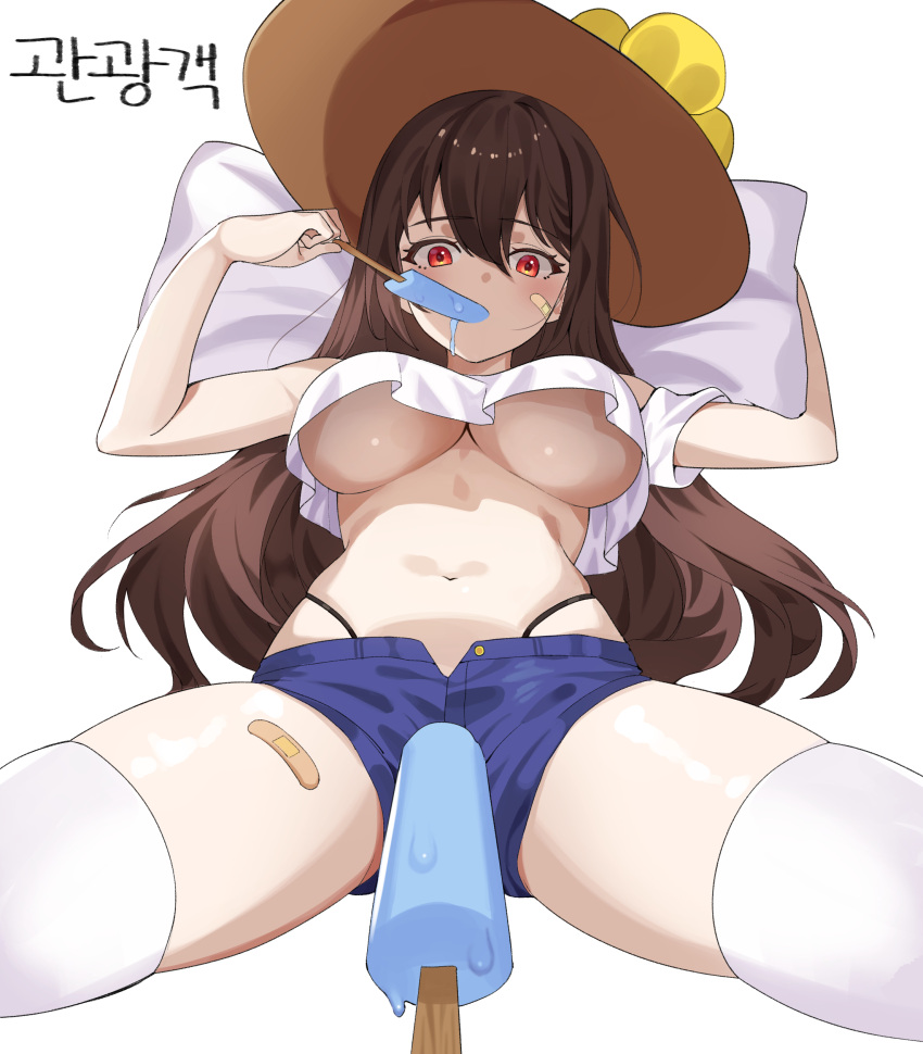 1girl absurdres arms_up bandaid bandaid_on_cheek bandaid_on_leg bare_arms bare_shoulders blue_shorts breasts brown_hair commission crop_top crop_top_overhang food hat highleg highres holding large_breasts long_hair looking_at_viewer lying midriff navel no_bra nogong on_back open_fly pillow pokemon pokemon_(game) pokemon_sm popsicle pov red_eyes second-party_source sexually_suggestive shirt short_shorts shorts sightseer_(pokemon) skindentation sleeveless sleeveless_shirt solo spread_legs stomach straw_hat thighhighs thighs underboob white_legwear white_shirt