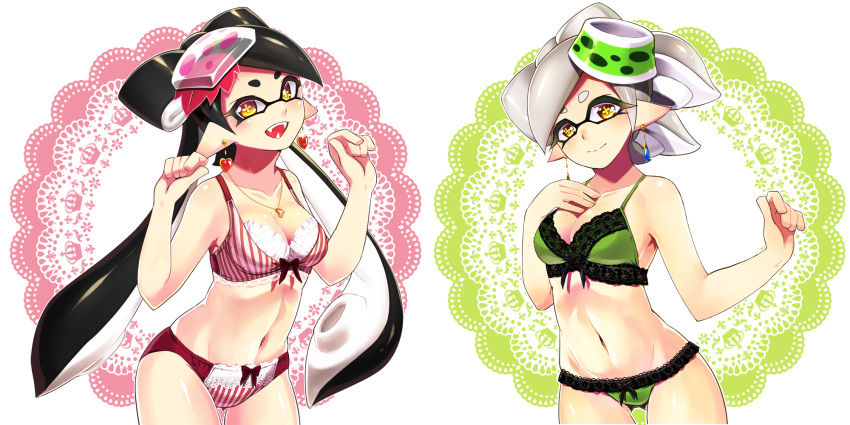 +_+ 2girls ass_visible_through_thighs bangs black_hair bow bow_bra bow_panties bra breasts brown_eyes callie_(splatoon) cleavage closed_eyes commentary_request cousins doily earrings fangs food food_on_head green_bra green_panties grey_hair groin hand_on_own_chest heart heart_earrings highres jewelry lace-trimmed_bra lace-trimmed_panties lace_trim lingerie long_hair looking_at_viewer marie_(splatoon) medium_hair multiple_girls navel necklace nomu object_on_head open_mouth panties pointy_ears purple_bra purple_panties short_hair smile splatoon_(series) standing striped swept_bangs underwear underwear_only vertical-striped_bra vertical-striped_panties vertical_stripes very_long_hair w w_arms white_background