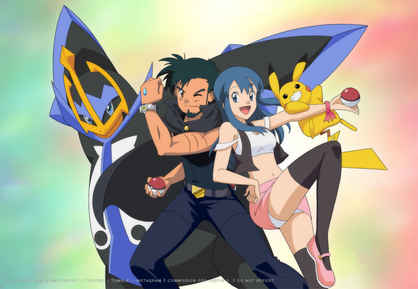 1boy 1girl :d ash_ketchum bangs belt belt_buckle blue_eyes blue_hair brown_eyes brown_legwear buckle clenched_hand closed_mouth commentary dawn_(pokemon) empoleon english_commentary eyelashes facial_hair gen_1_pokemon gen_4_pokemon hand_up holding holding_poke_ball leg_up long_hair navel noelia_ponce older one_eye_closed open_mouth pants pikachu pink_footwear pink_skirt poke_ball poke_ball_(basic) pokemon pokemon_(anime) pokemon_(creature) pokemon_dppt_(anime) ribbon scar_on_arm shirt shoes short_hair skirt smile thighhighs white_shirt wrist_ribbon z-ring