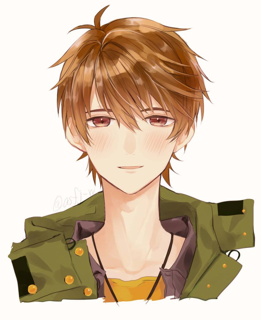 1boy :d asora_(1261100) bangs brown_eyes brown_hair green_jacket highres jacket jewelry looking_at_viewer luke_pearce_(tears_of_themis) male_focus necklace open_mouth shirt simple_background smile solo tears_of_themis white_background yellow_shirt