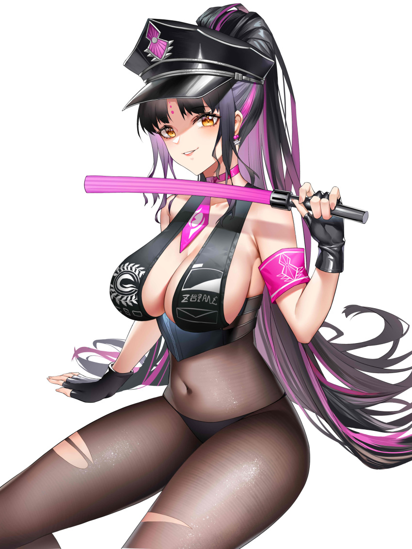 1girl absurdres bangs bare_shoulders bikini black_bikini black_gloves black_hair black_headwear black_legwear blush breasts cleavage covered_navel facial_mark fate/grand_order fate_(series) fingerless_gloves forehead_mark gloves halter_top halterneck hat highres large_breasts long_hair looking_at_viewer mili_(pixiv24297867) multicolored_hair necktie pantyhose parted_bangs pink_hair pink_neckwear police_hat ponytail sesshouin_kiara sesshouin_kiara_(swimsuit_mooncancer)_(fate) solo streaked_hair swimsuit thighs very_long_hair yellow_eyes