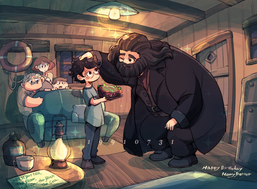 1girl 4boys beard black_hair cake coat couch cousins dudley_dursley facial_hair father_and_son food harry_james_potter harry_potter harry_potter_and_the_philosopher's_stone lantern long_coat long_hair mother_and_son multiple_boys one_eye_closed petting petunia_dursley rubeus_hagrid scar_on_forehead short_hair vernon_dursley