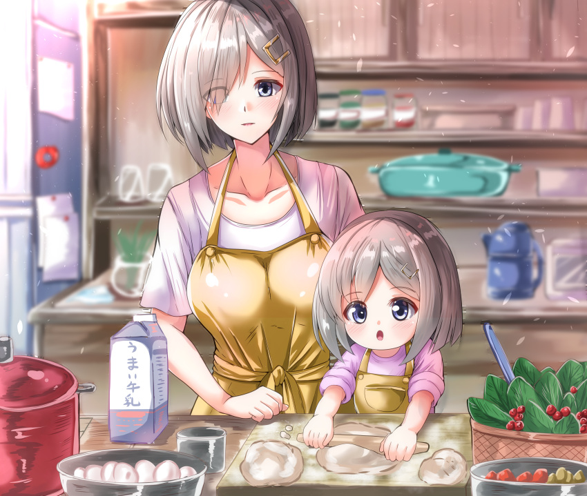 2girls absurdres alternate_costume apron baking baking_sheet blue_eyes bowl breasts hair_ornament hair_over_one_eye hairclip hamakaze_(kancolle) highres indoors kantai_collection kentan_(kingtaiki) kitchen large_breasts mother_and_daughter multiple_girls rolling_pin short_hair silver_hair yellow_apron