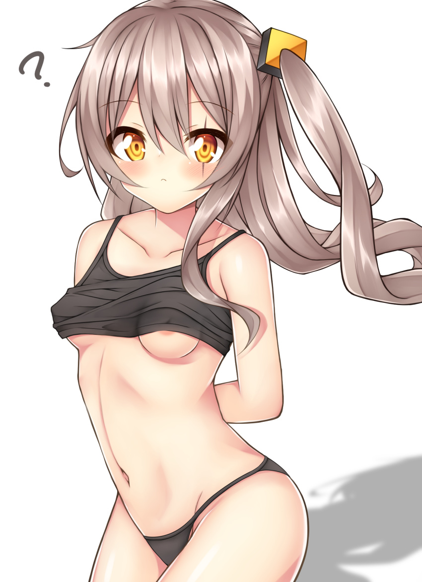 1girl ? areola_slip areolae arms_behind_back bangs bare_legs bare_shoulders black_camisole black_panties blush breasts camisole closed_mouth collarbone commentary_request cowboy_shot eyebrows eyebrows_visible_through_hair eyes_visible_through_hair from_side girls'_frontline grey_hair highres kurokaze long_hair looking_at_viewer messy_hair midriff navel nipples panties ponytail scar scar_across_eye side_ponytail sidelocks simple_background small_breasts solo ump45_(girls'_frontline) underwear white_background yellow_eyes
