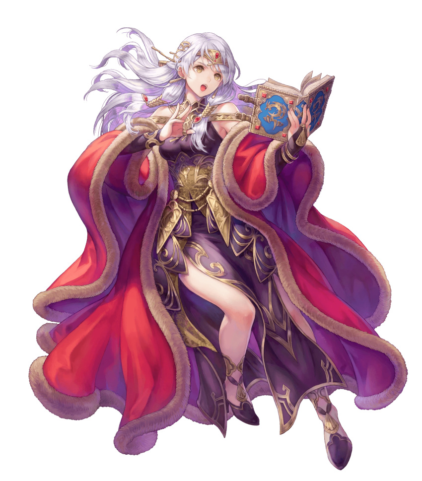 1girl bangs bare_shoulders book bracelet breasts bridal_gauntlets brown_eyes dress fingernails fire_emblem fire_emblem:_radiant_dawn fire_emblem_heroes full_body fur_trim haccan hair_ornament high_heels highres holding holding_book jewelry long_hair long_sleeves looking_away medium_breasts micaiah_(fire_emblem) official_art open_book open_mouth purple_dress shiny shiny_hair silver_hair solo tiara transparent_background