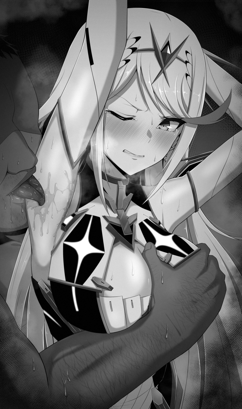 1boy 1girl armpits arms_behind_head arms_up bangs bare_shoulders blush breast_grab breasts chest_jewel cleavage cleavage_cutout clenched_teeth clothing_cutout dress earrings elbow_gloves eruu_(eruuman) gloves grabbing greyscale hetero highres jewelry large_breasts licking licking_armpit long_hair looking_to_the_side monochrome mythra_(xenoblade) one_eye_closed sidelocks steaming_body swept_bangs teeth tiara xenoblade_chronicles_(series) xenoblade_chronicles_2
